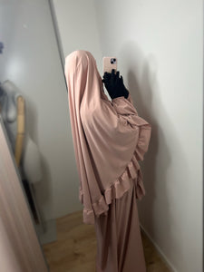 Ensemble abaya + khimar avec volants - Rose clair