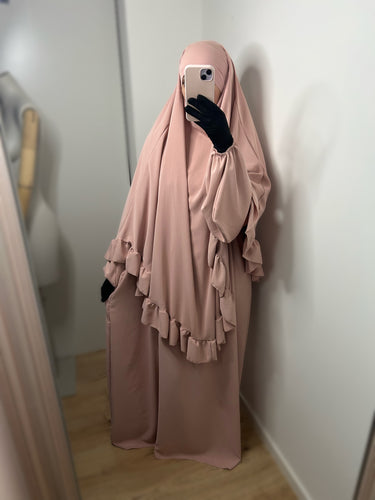 Ensemble abaya + khimar avec volants - Rose clair