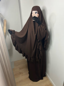 Ensemble abaya + khimar avec volants - Marron