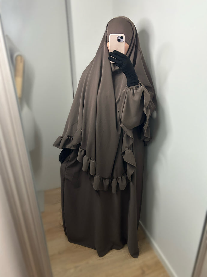 Ensemble abaya + khimar avec volants - Taupe